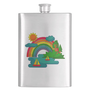 Boat travel landscape under sun clouds and rainbow hip flask
