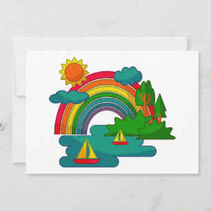Boat travel landscape under sun clouds and rainbow holiday card