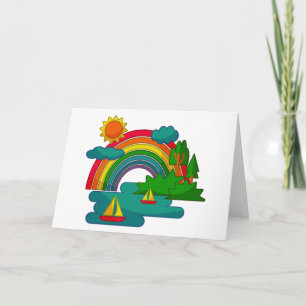 Boat travel landscape under sun clouds and rainbow invitation