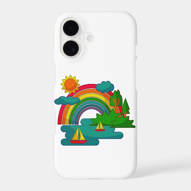 Boat travel landscape under sun clouds and rainbow iPhone case (Back)