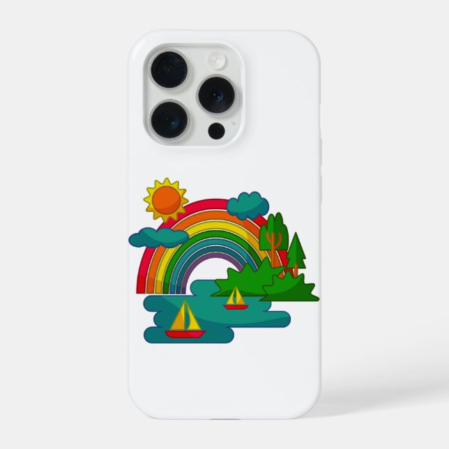 Boat travel landscape under sun clouds and rainbow iPhone case (Back)