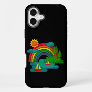 Boat travel landscape under sun clouds and rainbow iPhone 16 plus case