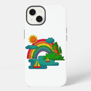 Boat travel landscape under sun clouds and rainbow iPhone 13 case