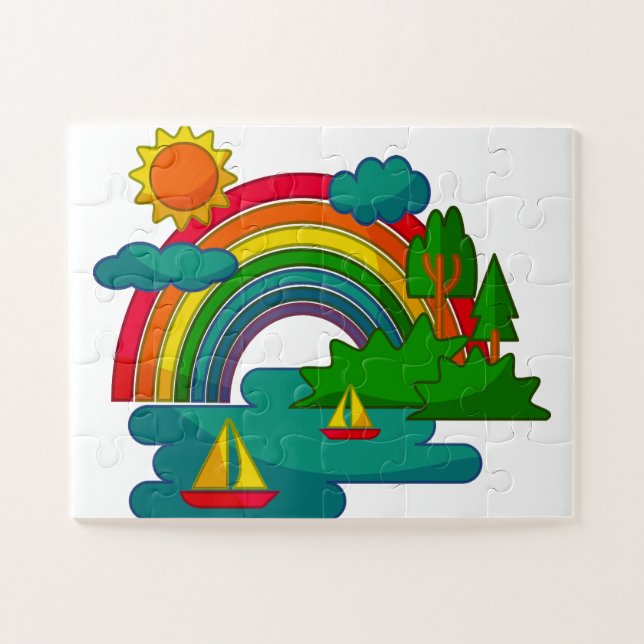 Boat travel landscape under sun clouds and rainbow jigsaw puzzle (Horizontal)