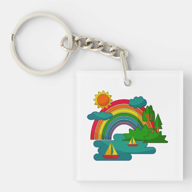 Boat travel landscape under sun clouds and rainbow key ring (Front)