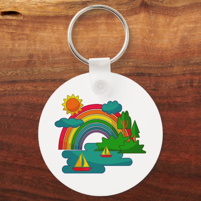 Boat travel landscape under sun clouds and rainbow key ring (Front)
