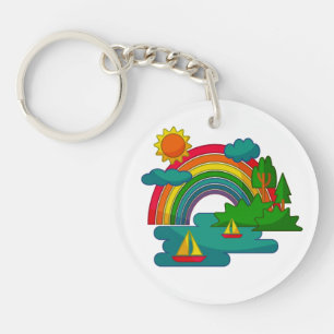 Boat travel landscape under sun clouds and rainbow key ring