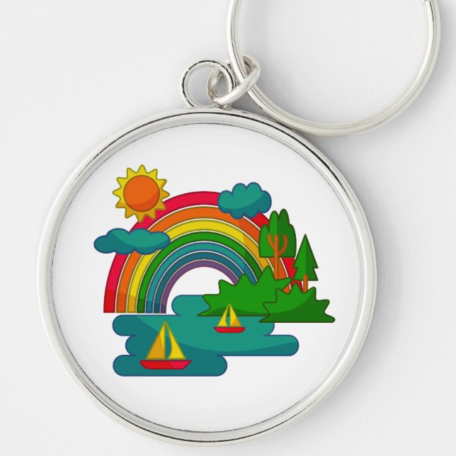 Boat travel landscape under sun clouds and rainbow key ring (Front)