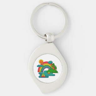 Boat travel landscape under sun clouds and rainbow key ring