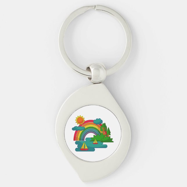 Boat travel landscape under sun clouds and rainbow key ring (Front)