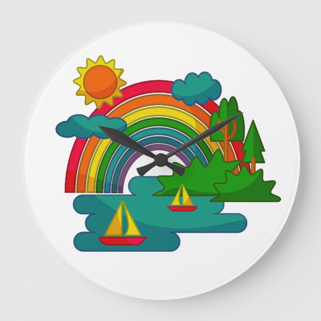 Boat travel landscape under sun clouds and rainbow large clock (Front)