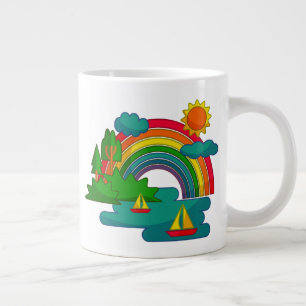 Boat travel landscape under sun clouds and rainbow large coffee mug