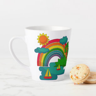 Boat travel landscape under sun clouds and rainbow latte mug