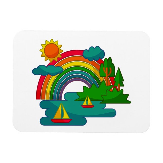 Boat travel landscape under sun clouds and rainbow magnet (Horizontal)