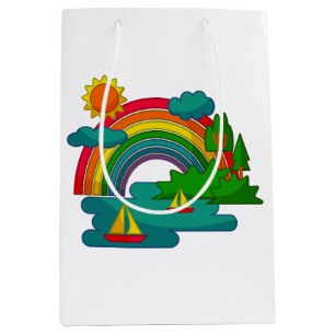 Boat travel landscape under sun clouds and rainbow medium gift bag