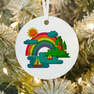 Boat travel landscape under sun clouds and rainbow metal tree decoration