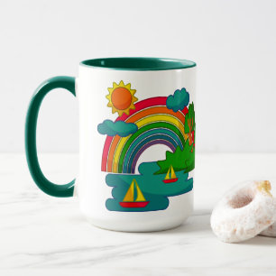 Boat travel landscape under sun clouds and rainbow mug