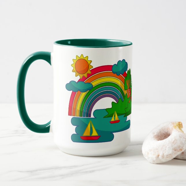Boat travel landscape under sun clouds and rainbow mug (With Donut)