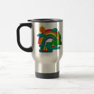 Boat travel landscape under sun clouds and rainbow mug
