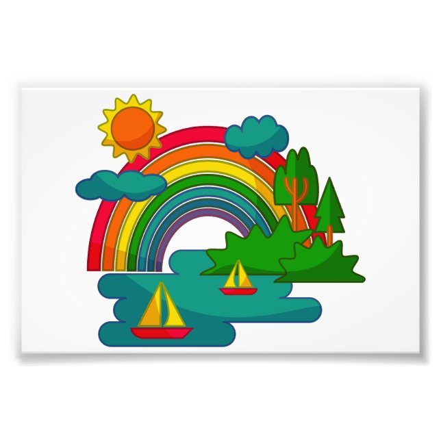 Boat travel landscape under sun clouds and rainbow photo print (Front)