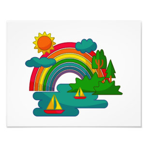 Boat travel landscape under sun clouds and rainbow photo print