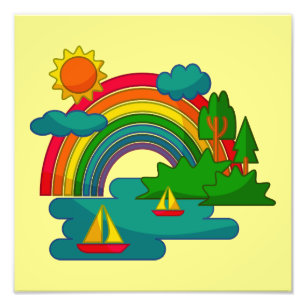 Boat travel landscape under sun clouds and rainbow photo print