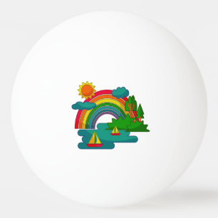 Boat travel landscape under sun clouds and rainbow ping pong ball