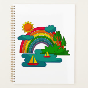 Boat travel landscape under sun clouds and rainbow planner