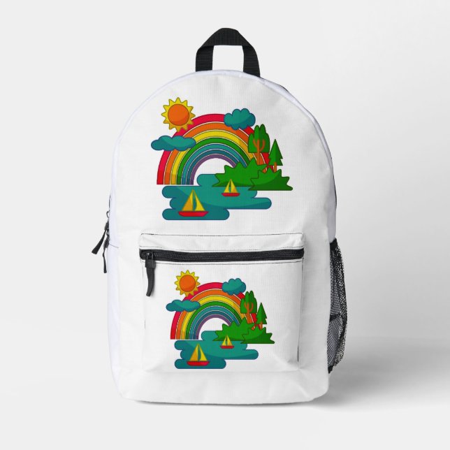 Boat travel landscape under sun clouds and rainbow printed backpack (Front)