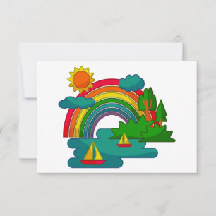 Boat travel landscape under sun clouds and rainbow save the date
