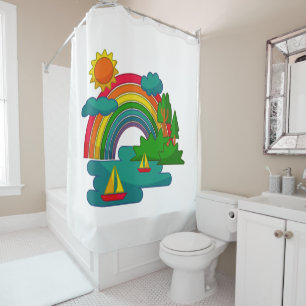 Boat travel landscape under sun clouds and rainbow shower curtain