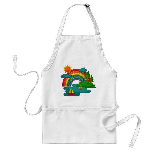 Boat travel landscape under sun clouds and rainbow standard apron (Front)