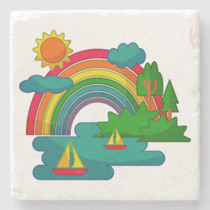 Boat travel landscape under sun clouds and rainbow stone coaster