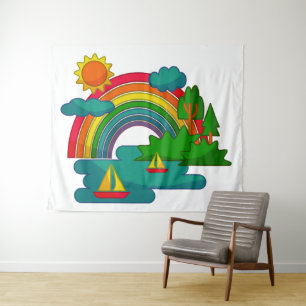 Boat travel landscape under sun clouds and rainbow tapestry