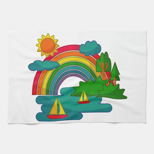 Boat travel landscape under sun clouds and rainbow tea towel (Horizontal)