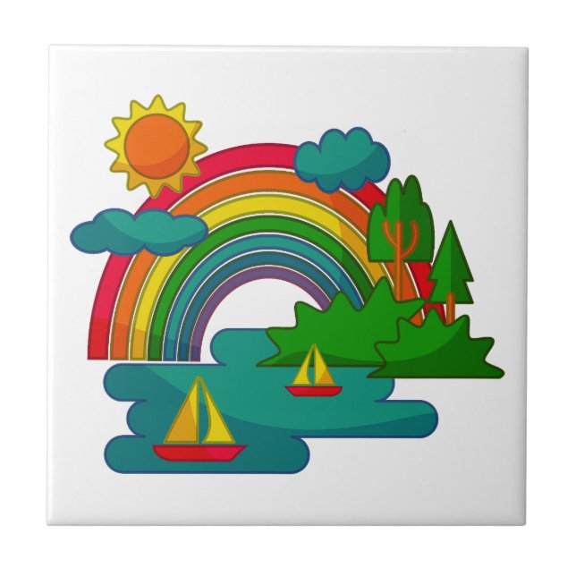 Boat travel landscape under sun clouds and rainbow tile (Front)