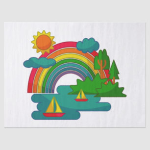Boat travel landscape under sun clouds and rainbow tissue paper