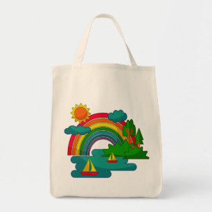 Boat travel landscape under sun clouds and rainbow tote bag