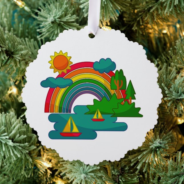 Boat travel landscape under sun clouds and rainbow tree decoration card (Insitu (Tree))