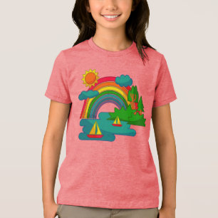 Boat travel landscape under sun clouds and rainbow Tri-Blend shirt