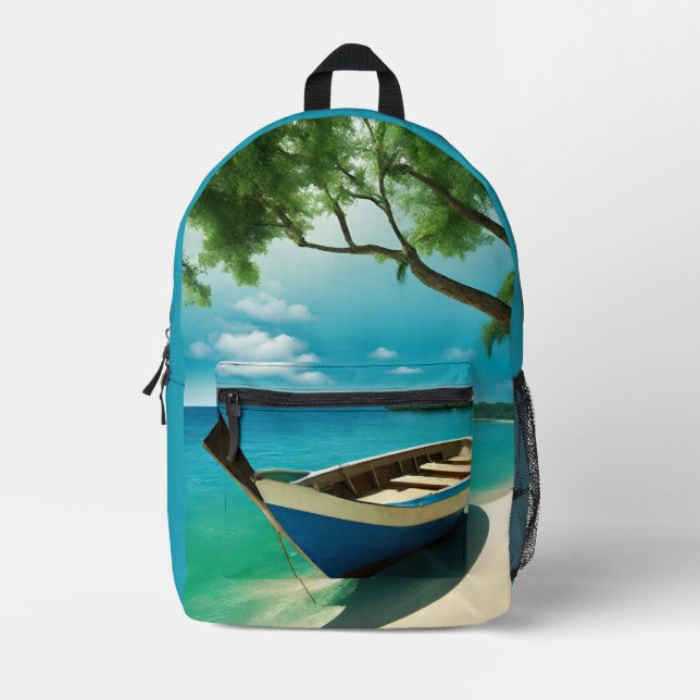 Boat Tropical Sandy Beach Blue Sea Sky Backpack (Front)