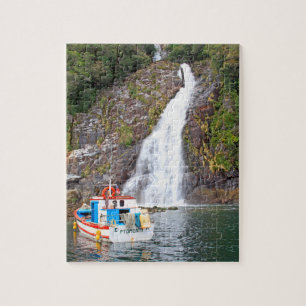 Boat & waterfall, Chile Jigsaw Puzzle