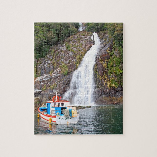 Boat & waterfall, Chile Jigsaw Puzzle (Vertical)