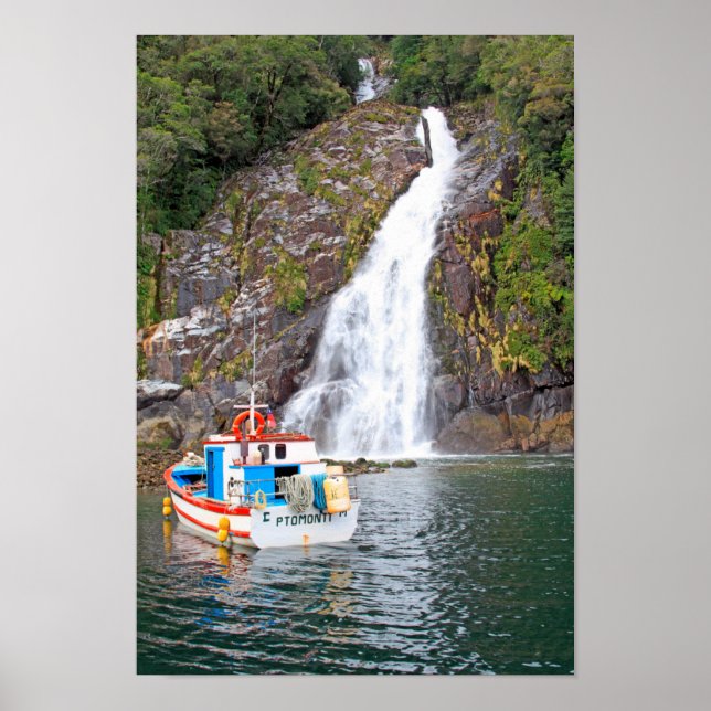 Boat & waterfall, Chile Poster (Front)