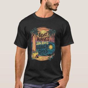 Boat Waves Sun Rays Beach Days Vacation Kids Women T-Shirt