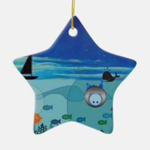 Boat, Whale, diver, fish ocean scene Ceramic Tree Decoration