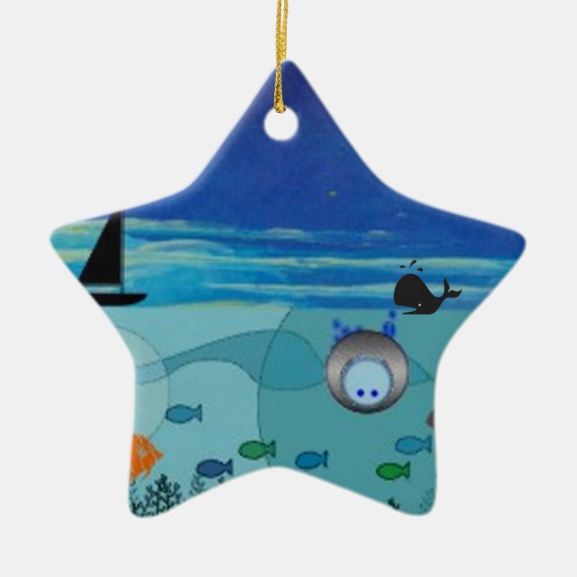 Boat, Whale, diver, fish ocean scene Ceramic Tree Decoration (Front)