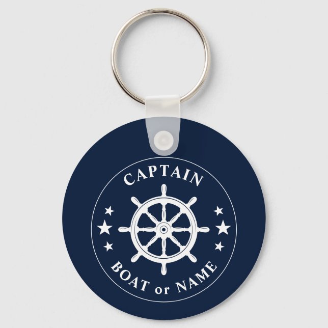 Boat Wheel Helm Stars Captain Name Photo Back Key Ring (Front)