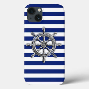 Boat Wheel on Nautical Stripes iPhone 13 Case