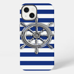 Boat Wheel on Nautical Stripes iPhone 13 Case